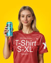 Woman Wearing a T-shirt Holding 16oz Drink Can Mockup
