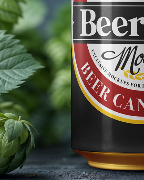 Beer Can Surrounded by Hops Branches Mockup
