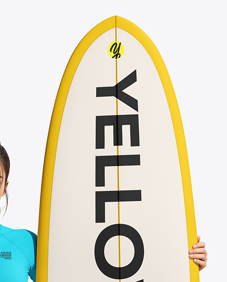 Woman Wearing Long Sleeve Rashguard and Bikini Bottom Holding Surfboard Mockup