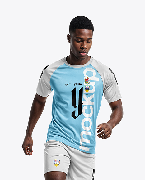 Afro-American Man Wearing Raglan Soccer Jersey and Shorts Mockup