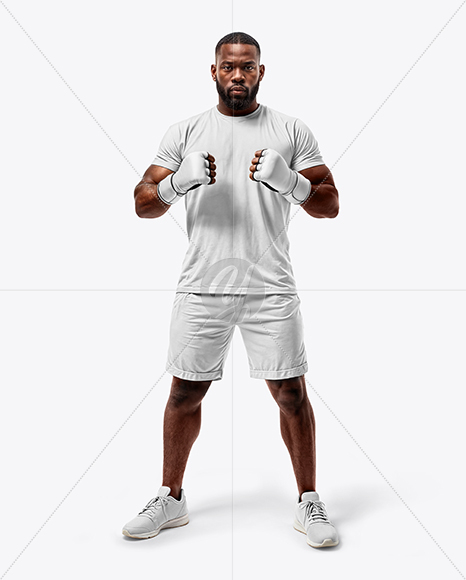 Black Male UFC Fighter Wearing T-Shirt & Shorts Mockup
