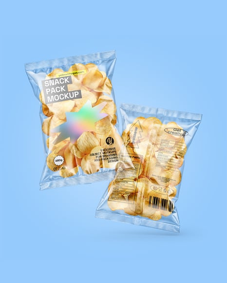 Clear Plastic Snack Bags with Potato Chips Mockup