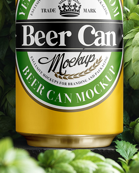 Beer Can on Fresh Hops Background Mockup