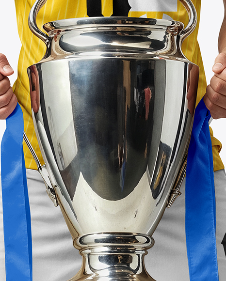 Man Wearing Soccer Jersey and Shorts Holds Cup Mockup