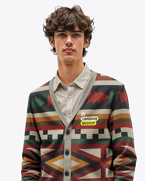 Young Man Wearing Cardigan and Shirt Mockup