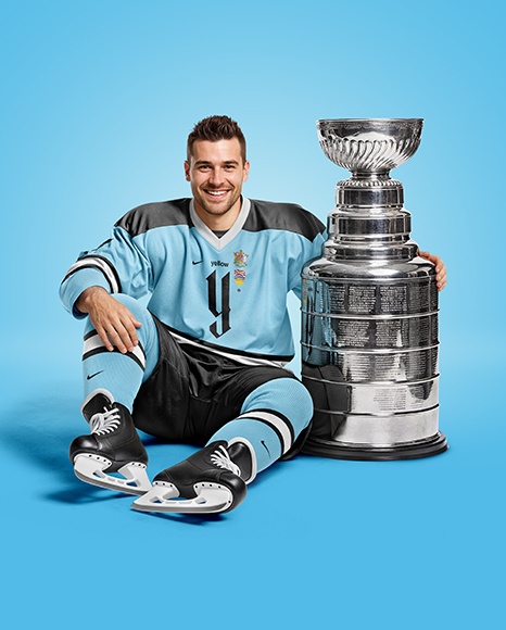 Ice Hockey Player with Stanley Cup Mockup