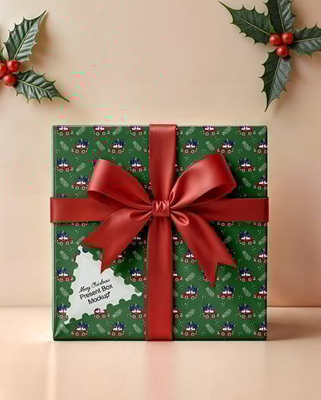 X-mas Gift Box with Holy Leafs Mockup - Christmas mockup