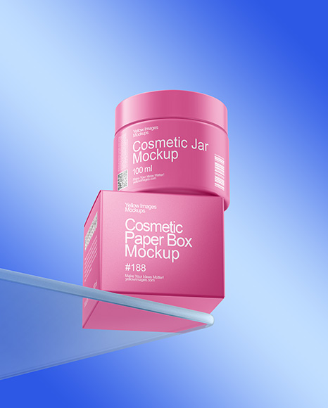 Matte Cosmetic Jars with Paper Box on the Glass Mockup