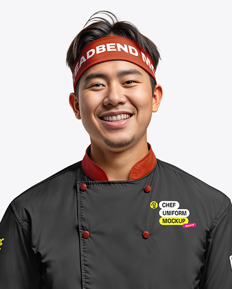 Asian Man Wearing Chef Uniform and Headband Mockup