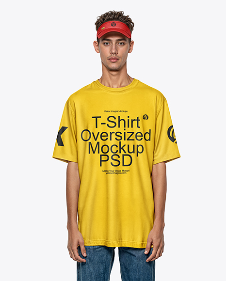 Young Man Wearing Oversized T-Shirt and Visor Cap Mockup - Snapback cap psd mockup