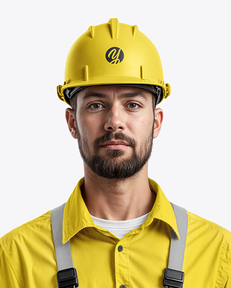 Builder Wearing Bib Overalls and Shirt Mockup
