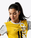 Woman Wearing Soccer Jersey and Shorts Mockup