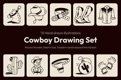 Cowboy Drawing Illustration Set - Graphics
