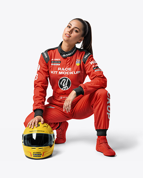 Woman Wearing Full Racing Kit Mockup - Kit mockup psd