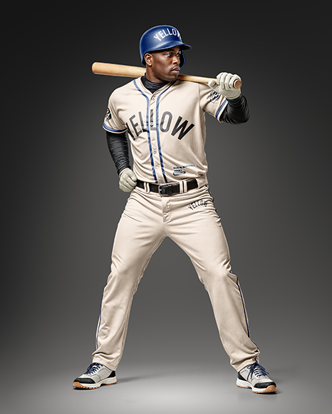 A Black Man Wearing a Full Baseball Kit with Bat Mockup