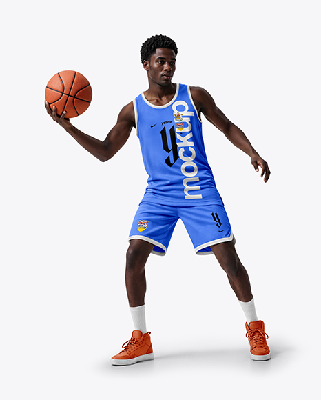 Basketball Player Wearing a Crew Neck Jersey and Shorts Holding a Basketball Mockup - Crew neck sweater mockup