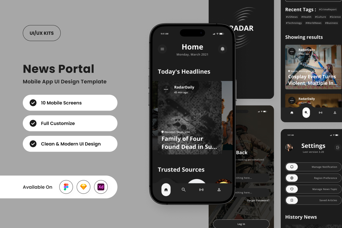 Radar - News Portal Mobile App Design Template
