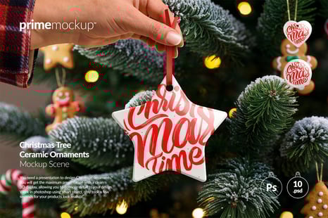 Hand Holding Christmas Ceramic Ornaments Mockup Scene