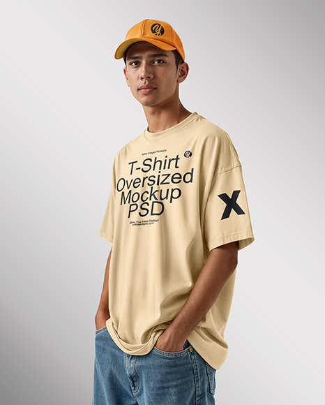 Young Man Wearing Oversized T-Shirt and Cap Mockup