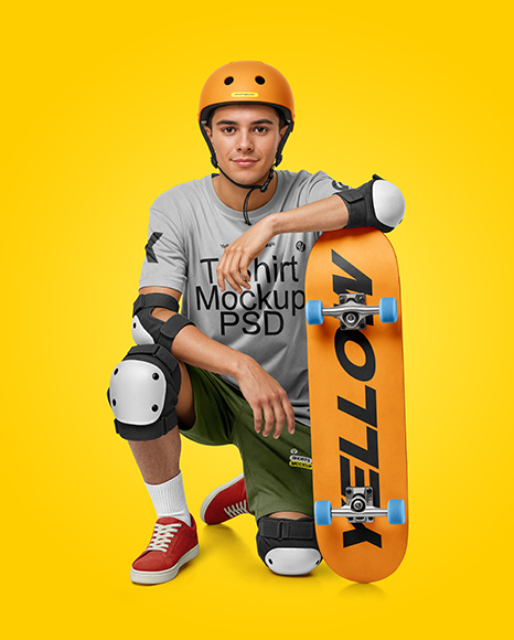 Skater in Protective Gear with Skateboard Mockup