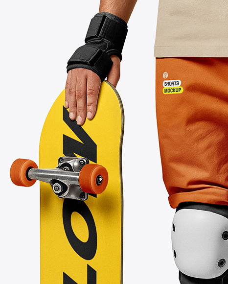 Skater in Protective Gear with Skateboard Mockup