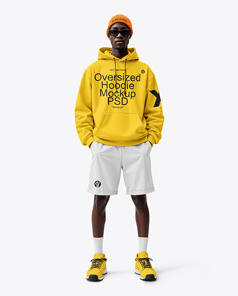 Afro-American Man Wearing Oversize Hoodie and Shorts Mockup - Carhartt+Sweatshirts+without+Hoods+for+Men+|+Dungarees