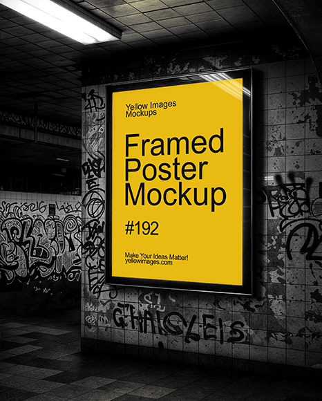 Framed Poster in Underground Passage Mockup - Wall frame mockup
