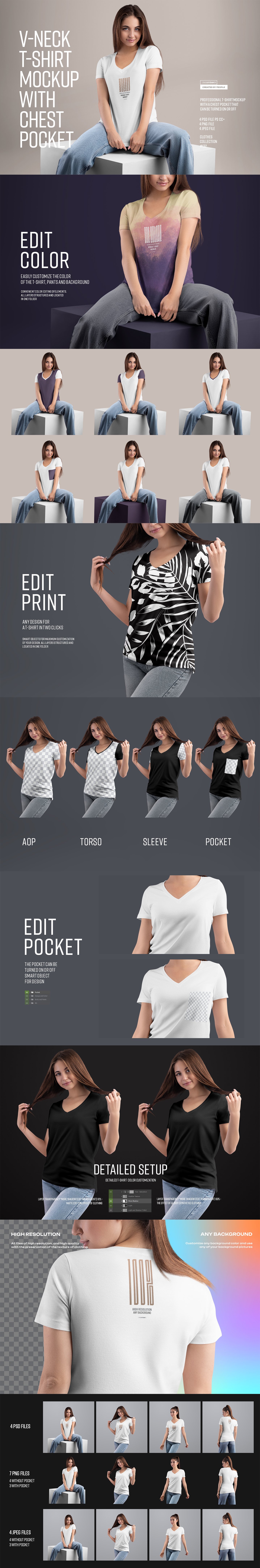 4 Mockup Woman V-Neck T-Shirt with a Chest Pocket