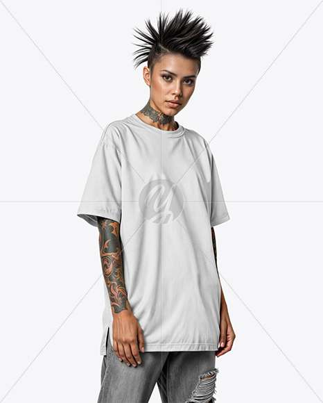 Woman with Mohawk & Tattoo Wearing T-shirt and Ripped Jeans Mockup