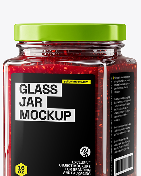 Square Glass Jar with Raspberry Jam Mockup