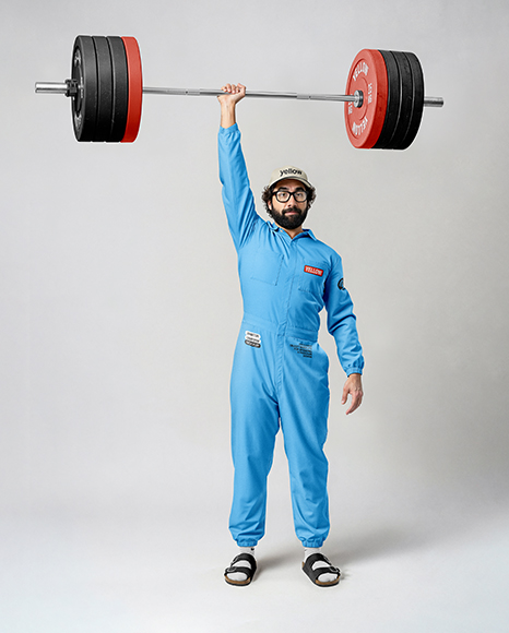 Powerlifter Wearing Janitor Uniform and Cap with Barbell Mockup