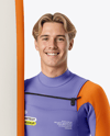 Surfer Wearing Wetsuit with Longboard Mockup