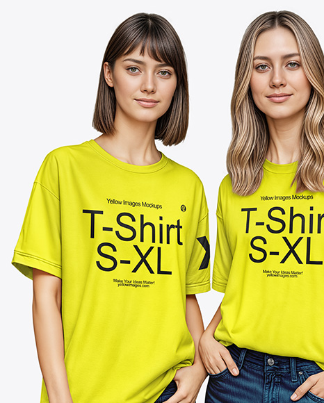 Two Young Women Wearing T-shirts and Jeans Mockup