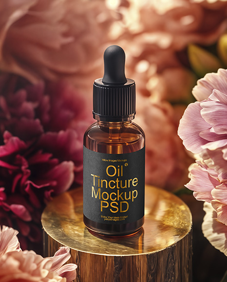 Amber Dropper Bottle with Oil Tincture Surrounded by Flowers Mockup