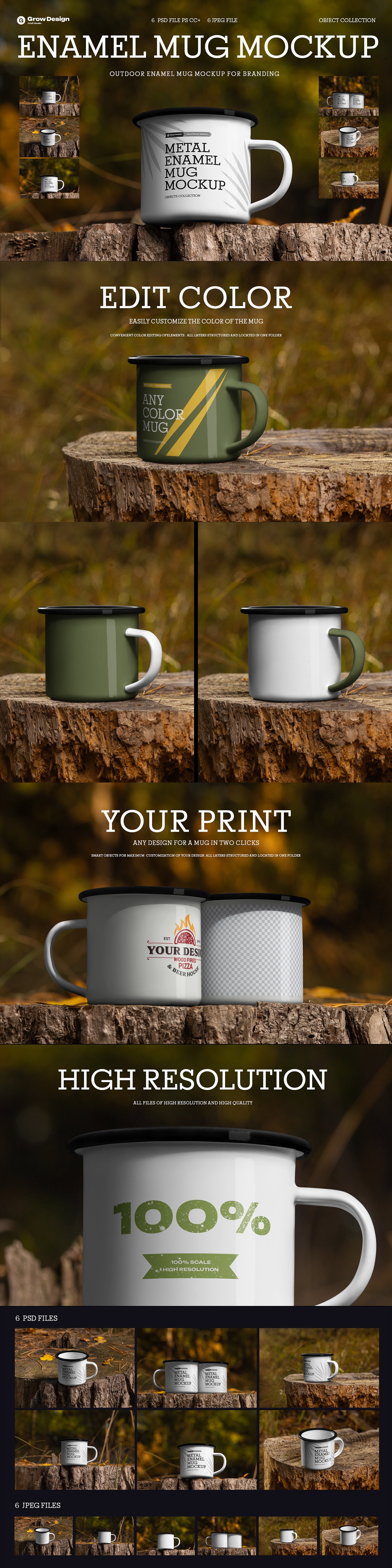 6 Enamel Mug Mockup. Rustic Outdoor Coffee Cup Branding