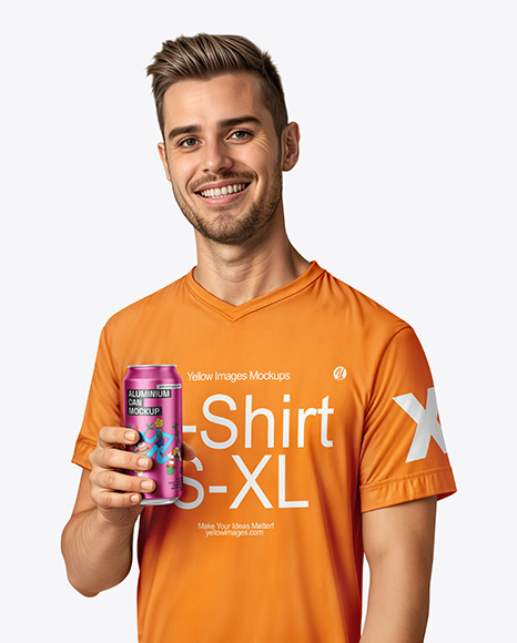 Man Wearing a T-shirt Holding 16oz Drink Can Mockup - Metal can mockup