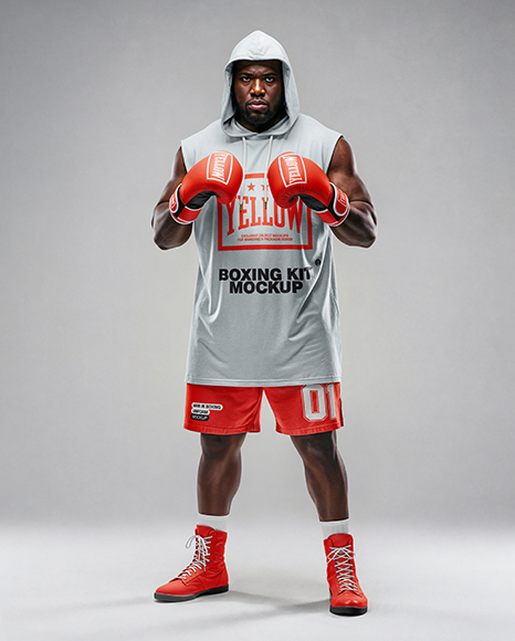 Black Man Wearing Boxing Sleeveless Hooded Shirt and Shorts Mockup