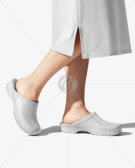 Pair of Clogs on Woman's Legs with Skirt Mockup