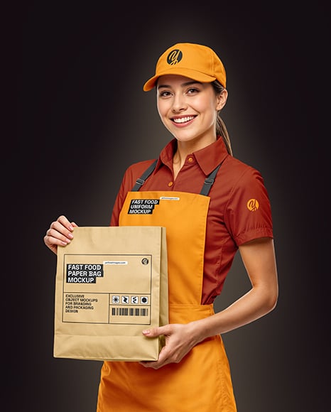 Female Fast Food Worker in Uniform with Paper Bag Mockup