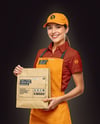 Female Fast Food Worker in Uniform with Paper Bag Mockup