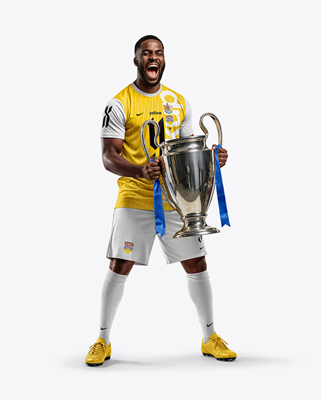 Soccer Player Wearing Jersey and Shorts Holds Cup Mockup - Jersey t shirt mockup