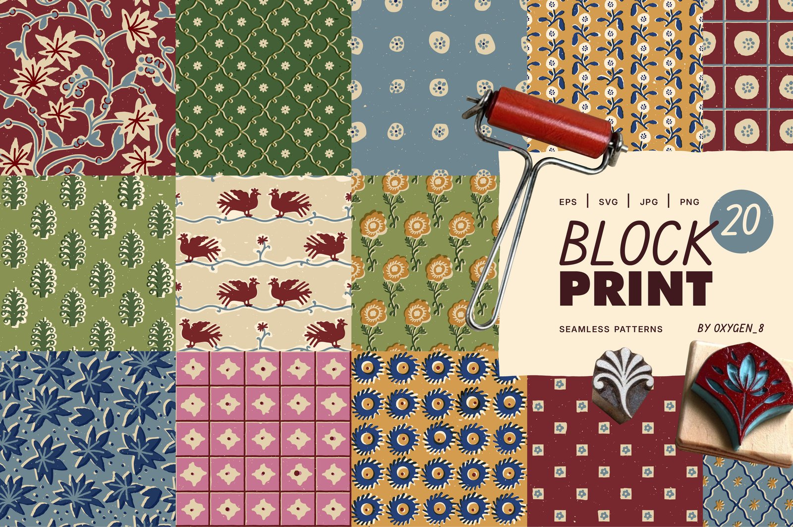 Block Print. Seamless Patterns
