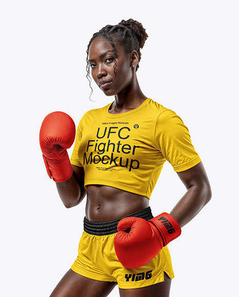 Black Female UFC Fighter Wearing T-Shirt & Shorts Mockup - Women+S+Sports+Kit+Mockup+Front+Half+Side+View+In+Apparel+Mockups+On+Yellow+Images+Object+Mockups