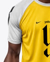 Afro-American Man Wearing Raglan Soccer Jersey and Shorts Mockup