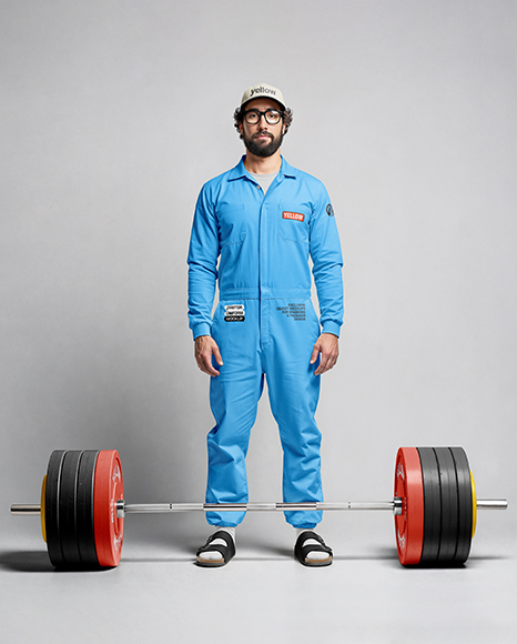 Powerlifter Wearing Janitor Uniform and Cap with Barbell Mockup