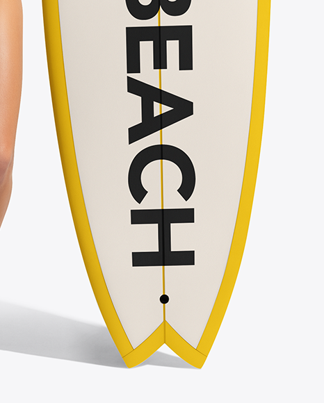 Woman Wearing Long Sleeve Rashguard and Bikini Bottom Holding Surfboard Mockup