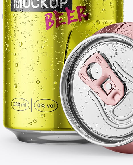 330ml Metallic Drink Cans with Condensation Drops Mockup