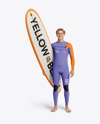 Surfer Wearing Wetsuit with Longboard Mockup