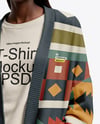 Young Black Woman Wearing Cardigan and T-shirt Mockup