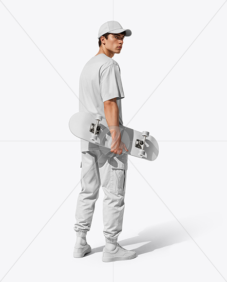 Young Man Wearing T-Shirt and Cargo Pants Holding Skateboard Mockup